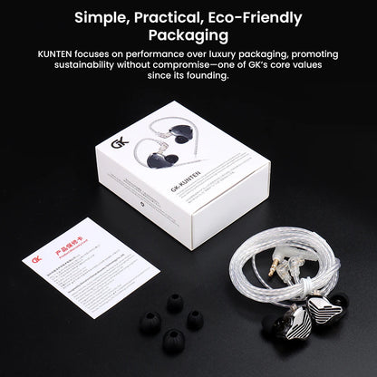 GK- KUNTEN 10mm Super-Linear DD Driver IEM with eco-friendly packaging, extra ear tips, and braided cable for immersive audio experience.