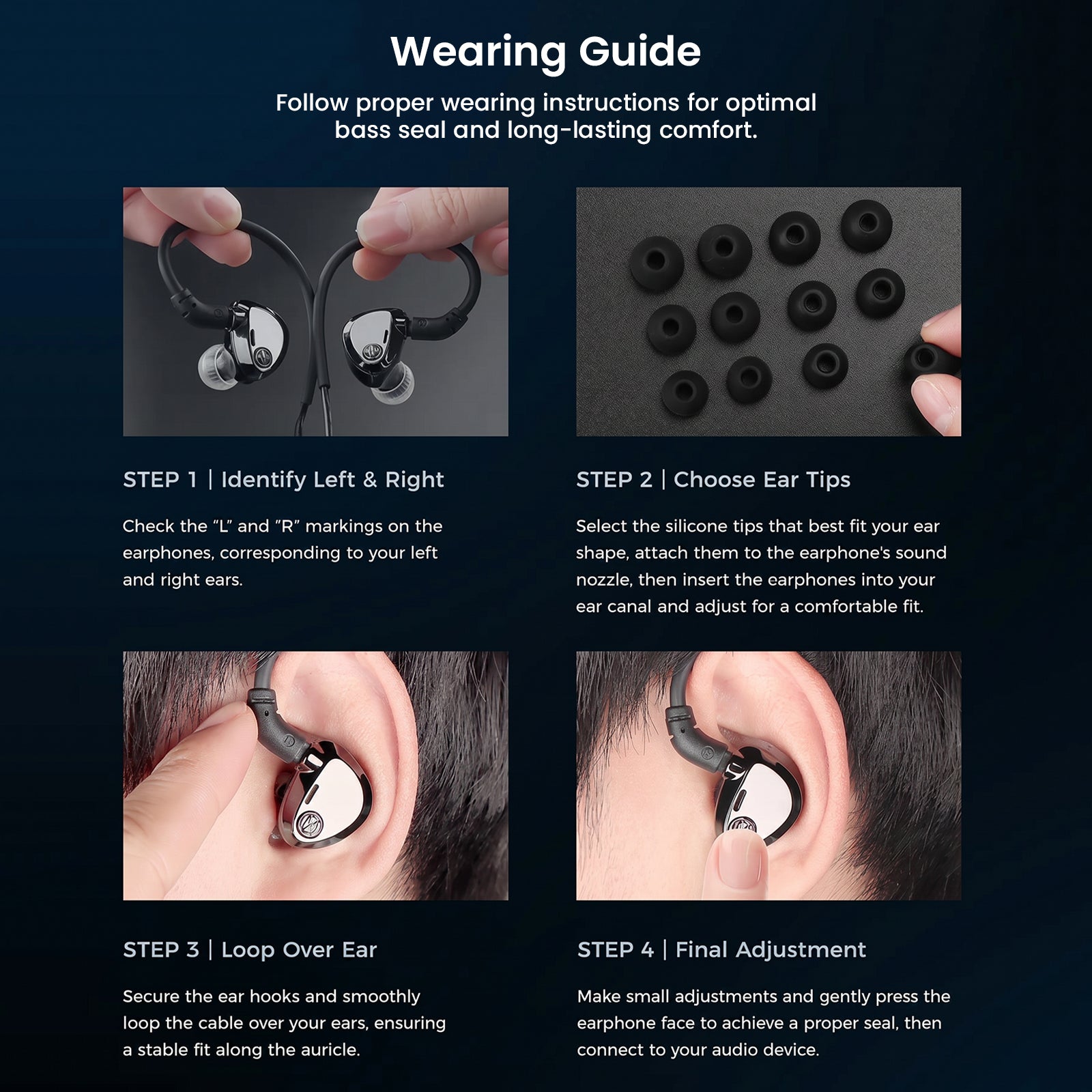 Wearing guide for in-ear monitors with step-by-step instructions