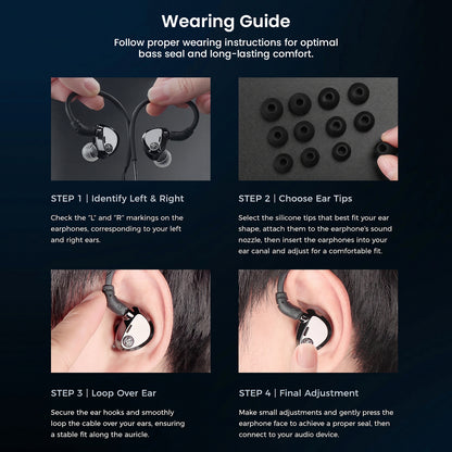 Wearing guide for in-ear monitors with step-by-step instructions
