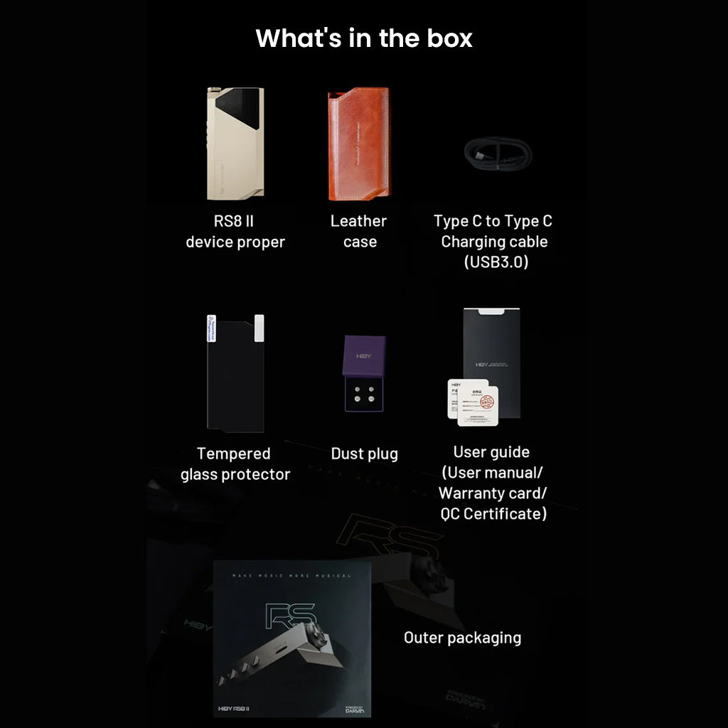 HiBy RS8II unboxing contents including device, leather case, USB-C cable, screen protector, and documentation.