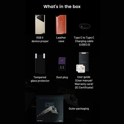 HiBy RS8II unboxing contents including device, leather case, USB-C cable, screen protector, and documentation.