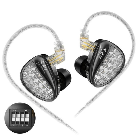 KZ ZA12 4BA+2DD Drivers Hybrid In Ear Monitor with tuning switch, featuring a stylish diamond-patterned faceplate and detachable silver-plated cable.