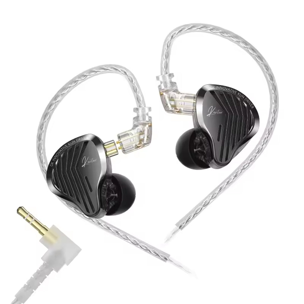 GK- KUNTEN 10mm Super-Linear DD Driver IEM featuring ergonomic black metal housings and 0.78mm detachable braided cable for high-fidelity sound.