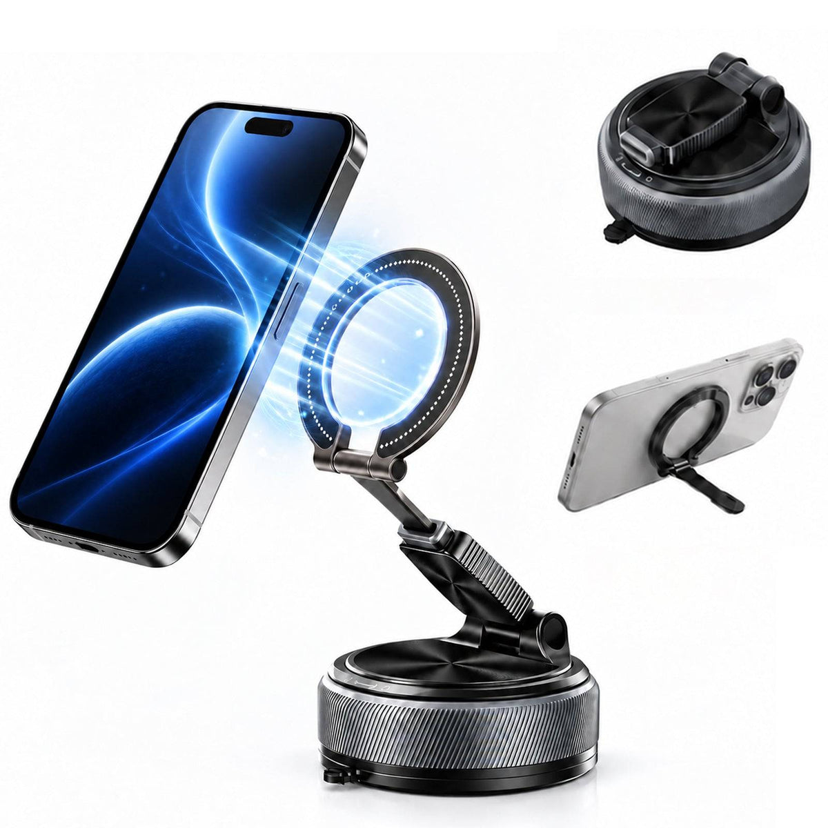 2 IN 1 360° Vacuum Magnetic Phone Holder for Car, MagSafe Compatible Mobile Stand, Detachable Ring, 360° Triple Axis Windshield Holder, N52 Strong Magnet Compatible with iPhone & All Smartphones