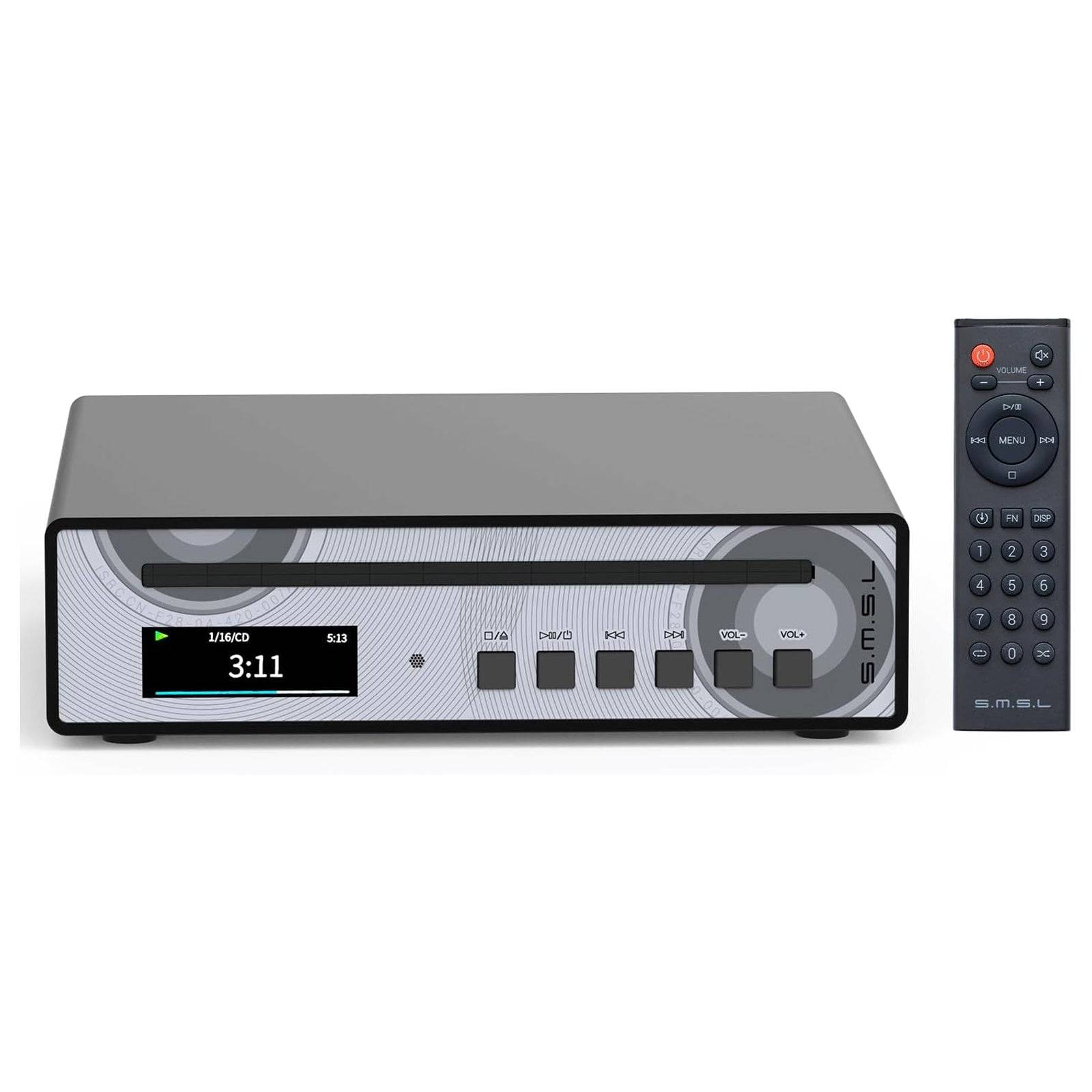 Silver and black portable CD player with remote control