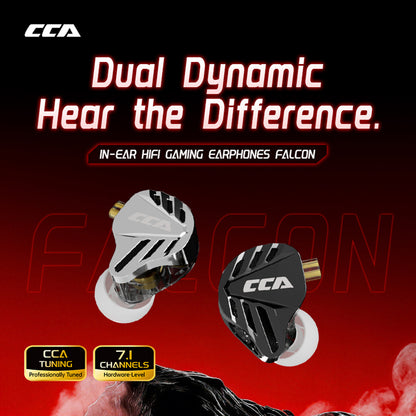 CCA Falcon gaming IEM with highlighted dual driver and branding