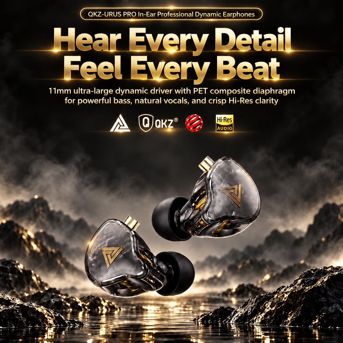 Promotional banner for QKZ URUS PRO in-ear monitors with gold and black text, highlighting 11mm dynamic driver and high-resolution sound