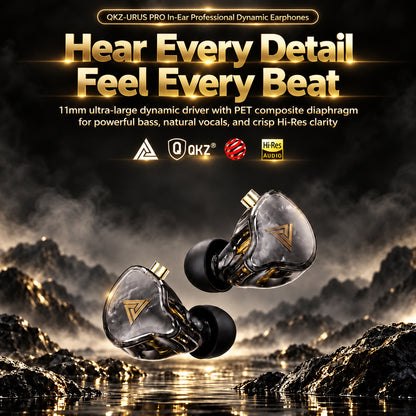 Promotional banner for QKZ URUS PRO in-ear monitors with gold and black text, highlighting 11mm dynamic driver and high-resolution sound