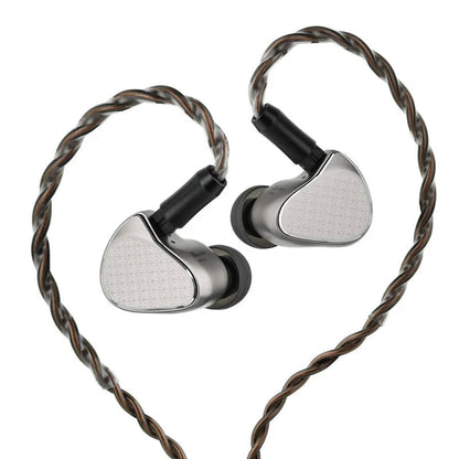 Close-up of silver and black in-ear monitors with twisted copper and silver braided cable, designed for high-fidelity audio