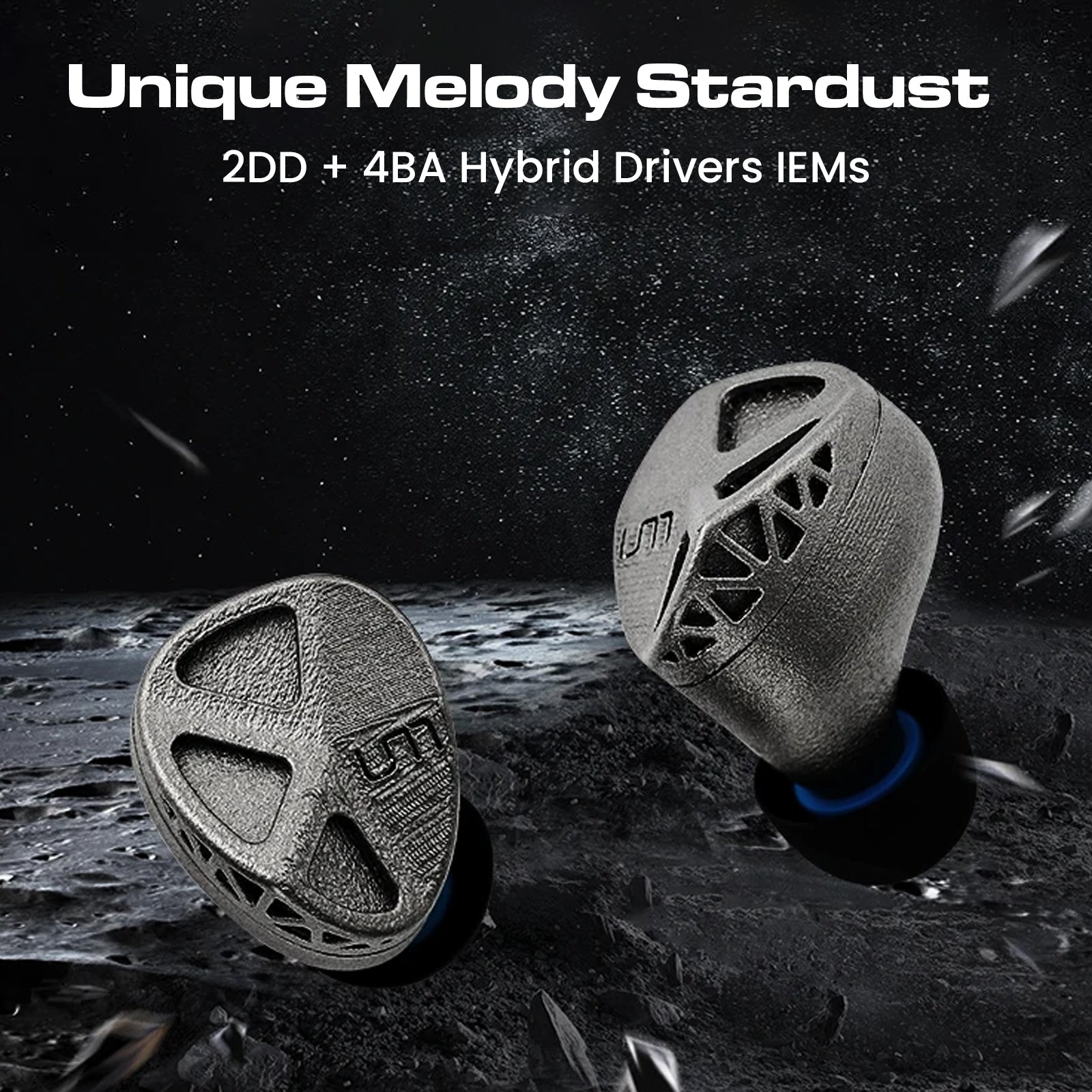 In-ear monitors with metallic design and space-themed background for audio equipment
