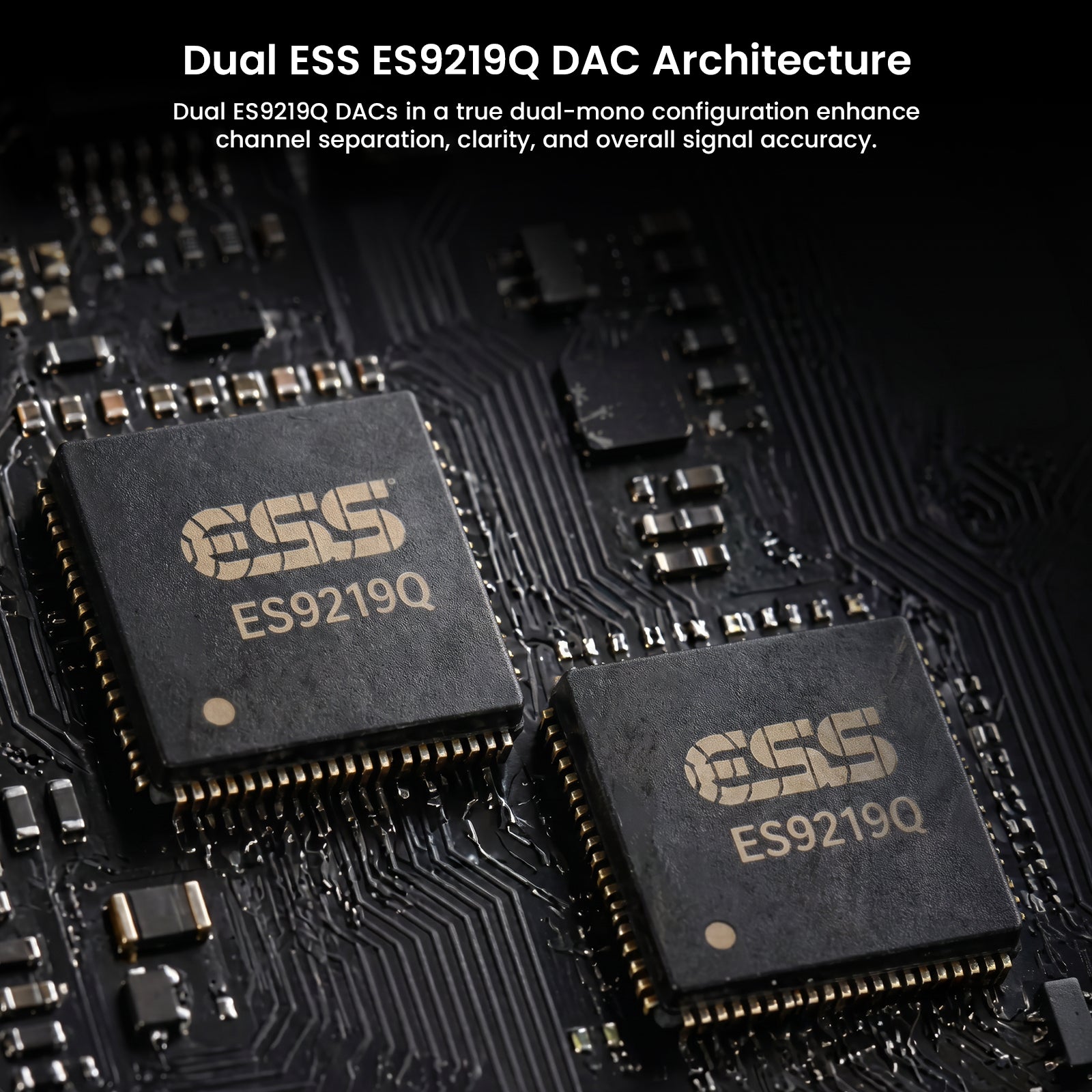 Close-up of Questyle ES9219Q DAC chip on circuit board
