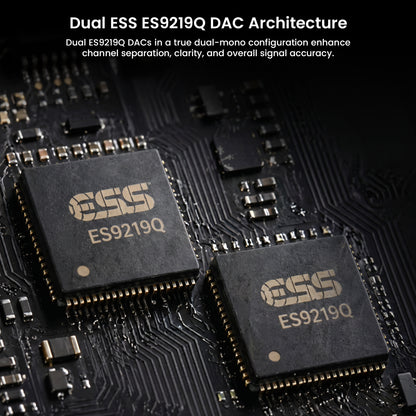 Close-up of Questyle ES9219Q DAC chip on circuit board