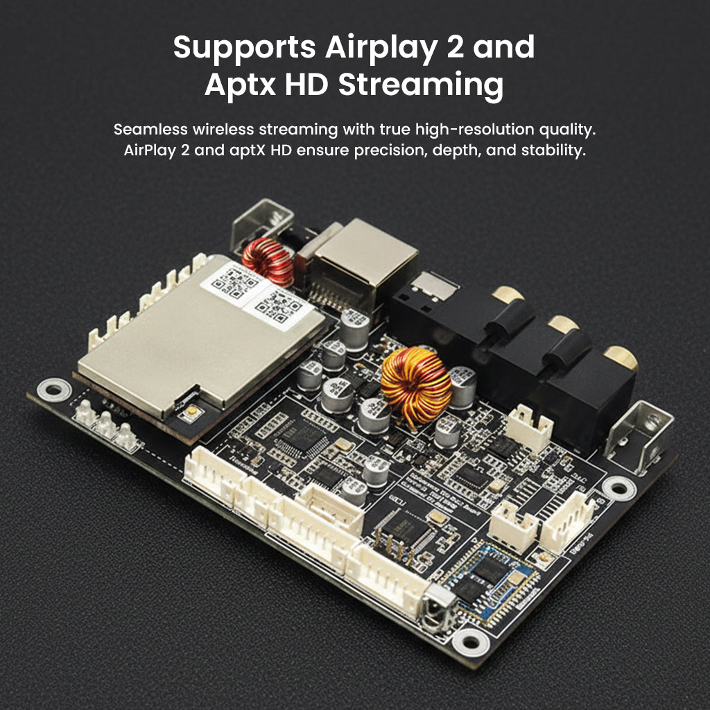 Arylic Up2Stream HD DAC board supports AirPlay 2 and aptX HD streaming for seamless wireless high-resolution audio integration.