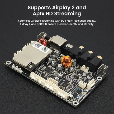 Arylic Up2Stream HD DAC board supports AirPlay 2 and aptX HD streaming for seamless wireless high-resolution audio integration.