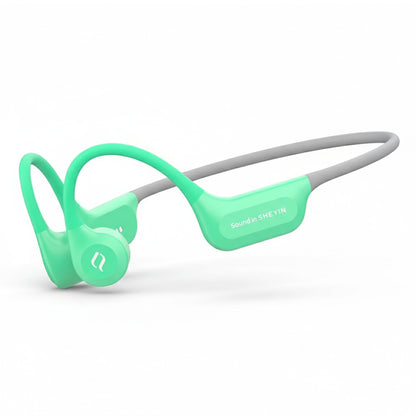 SHEYIN X7 Air IPX8 swimming bone conduction Bluetooth headphones in mint green with ergonomic open-ear design for waterproof audio performance.
