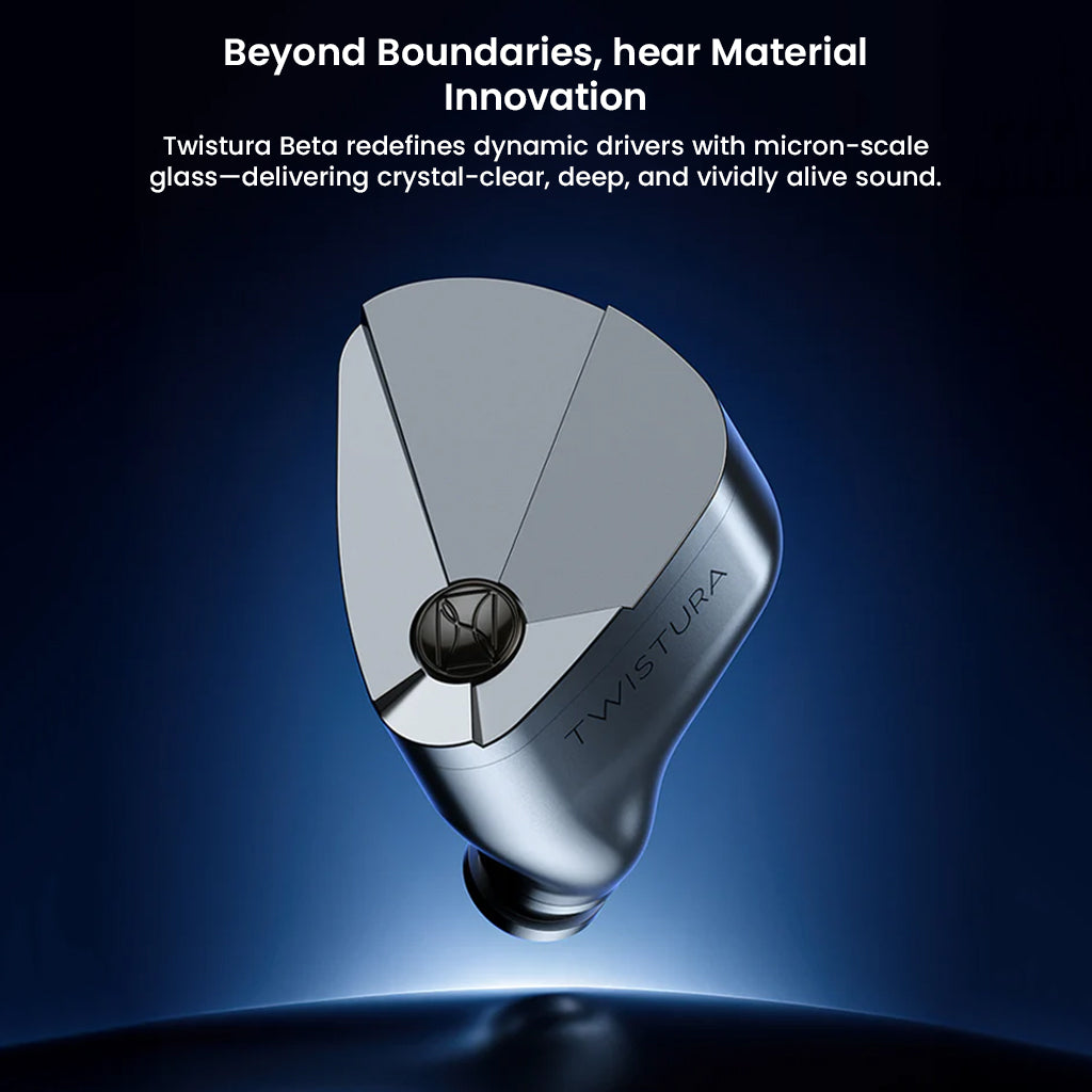 TWISTURA Beta IEM highlighting material innovation with planar glass diaphragm for deep, clear, and dynamic audio output.
