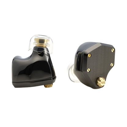 Black and gold in-ear monitor with transparent ear tip