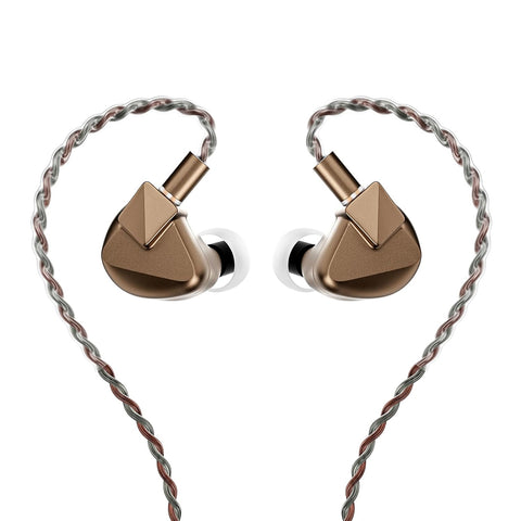 LETSHUOER S12 Ultra brown IEMs with braided cable attached, highlighting in-ear fit and stylish audio accessory design.