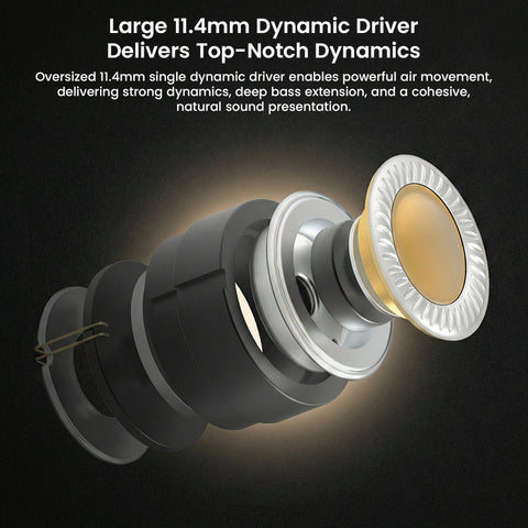 Exploded view of GENESIS G318's 11.4mm dynamic driver showcasing powerful bass and natural sound dynamics for audiophile-grade performance.