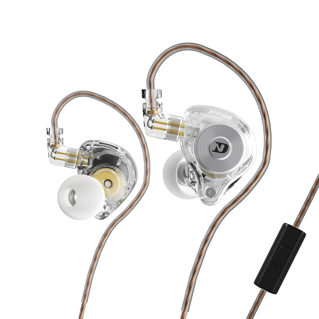 Transparent in-ear monitors with copper cables and white ear tips