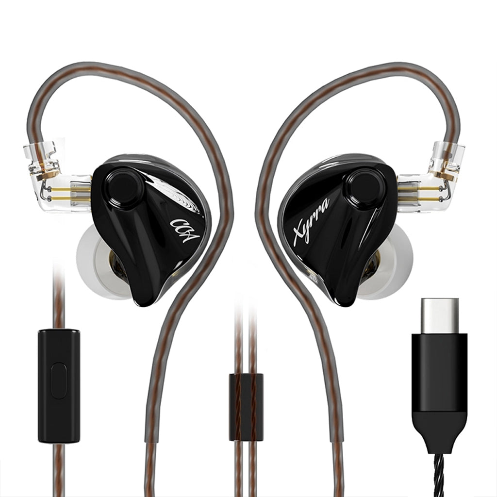 CCA-Xyrra Gaming IEM with Type-C connector and in-line mic, designed for mobile gaming and high-resolution audio playback.