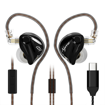 CCA-Xyrra Gaming IEM with Type-C connector and in-line mic, designed for mobile gaming and high-resolution audio playback.