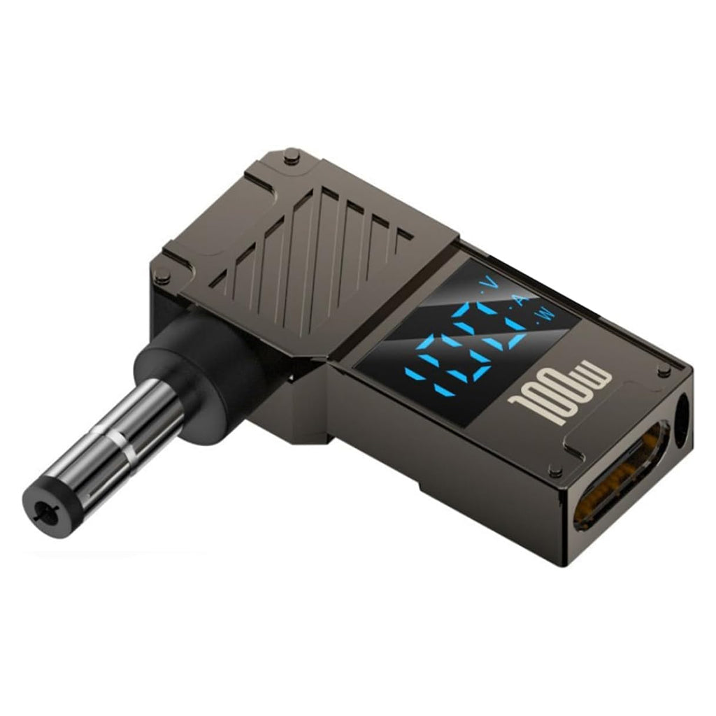 TECPHILE DC to Type-C Adapter with Digital Display showing 100W output and real-time voltage on compact black housing for laptops.