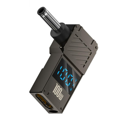 TECPHILE 100W USB-C to DC adapter with digital display showing voltage, current, and power for Dell laptops, compact and durable design.