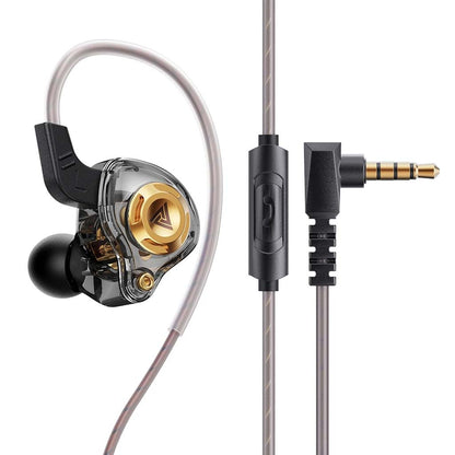 QKZ-AK6 Wired IEM in black with gold driver and HD mic, designed for immersive Hi-Res audio and deep bass.