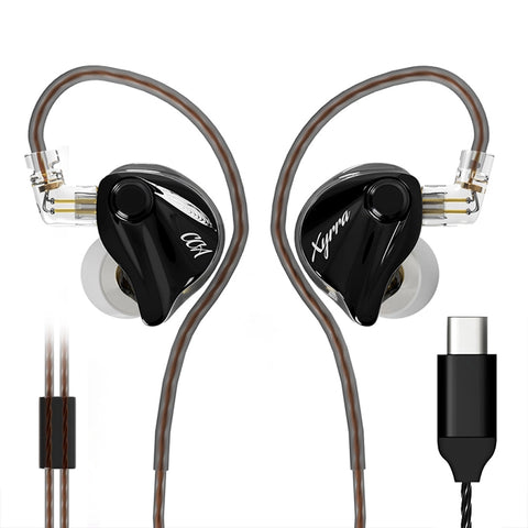 CCA-Xyrra Hybrid Gaming IEM with 10mm DD and 1 BA driver, shown with detachable cable and Type-C connector for high-resolution audio.