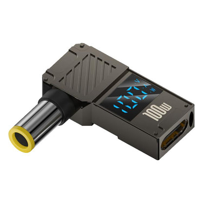 TECPHILE DC to Type-C Adapter with yellow-tip connector and digital display supports 100W fast charging for various laptop models.