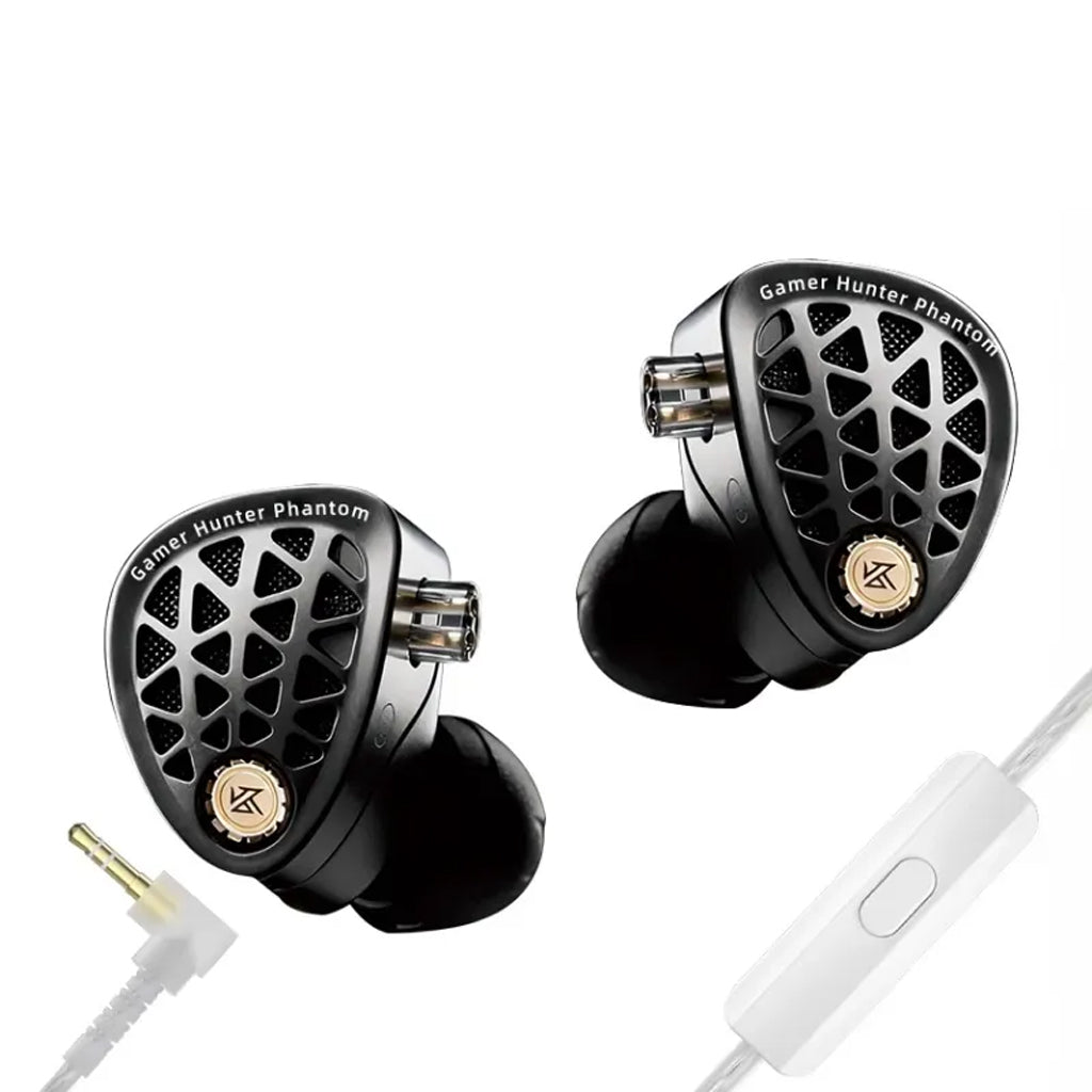KZ Phantom gaming in-ear monitors with black design and gold accents, high-performance audio components for esports