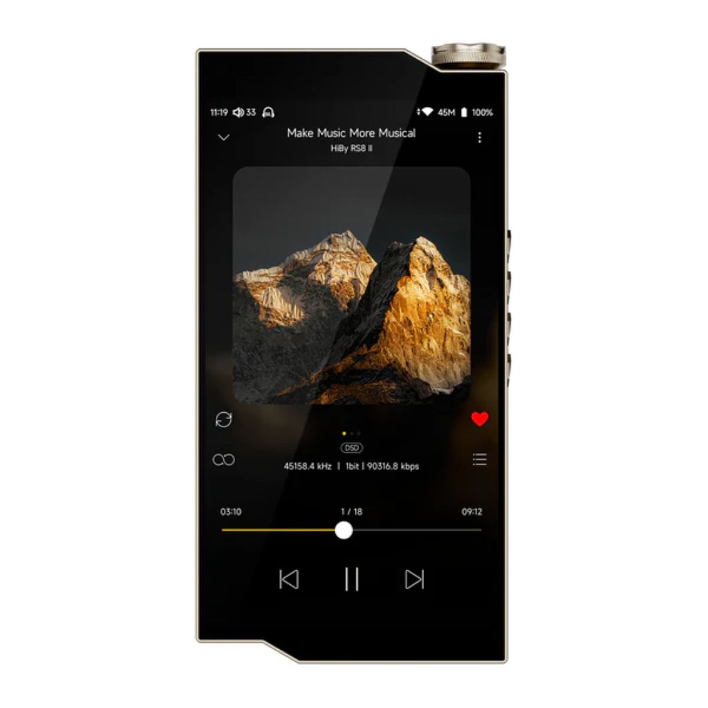HiBy RS8II front view in gold finish with 5.5-inch display showing high-resolution music playback interface.