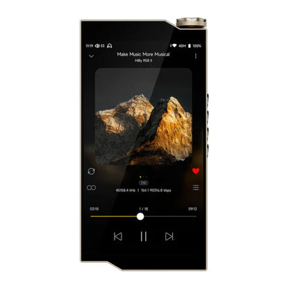 HiBy RS8II front view in gold finish with 5.5-inch display showing high-resolution music playback interface.