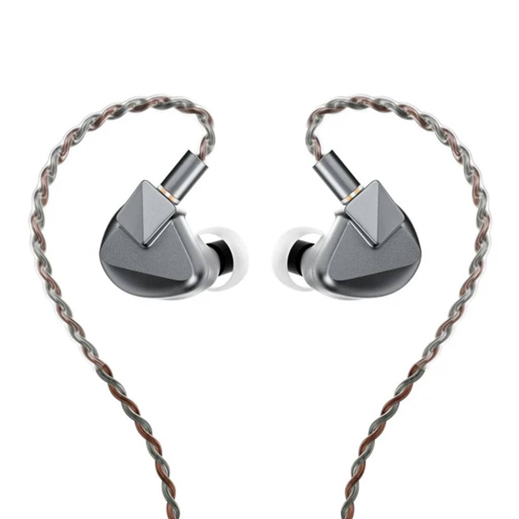 LETSHUOER S12 Ultra gray IEMs with braided cable attached, designed for immersive audio and stylish in-ear wear.