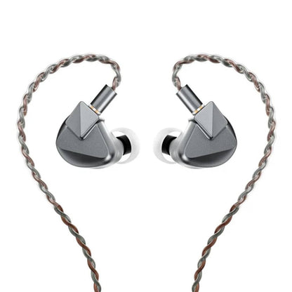 LETSHUOER S12 Ultra gray IEMs with braided cable attached, designed for immersive audio and stylish in-ear wear.