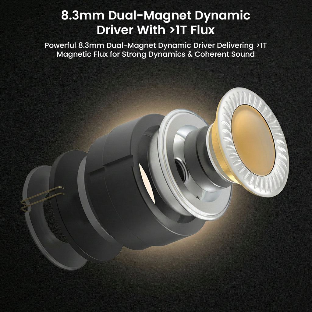 Exploded view of GENESIS G318s 8.3mm dual-magnet dynamic driver showcasing high magnetic flux for powerful and coherent audio output.
