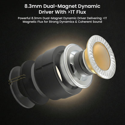 Exploded view of GENESIS G318s 8.3mm dual-magnet dynamic driver showcasing high magnetic flux for powerful and coherent audio output.