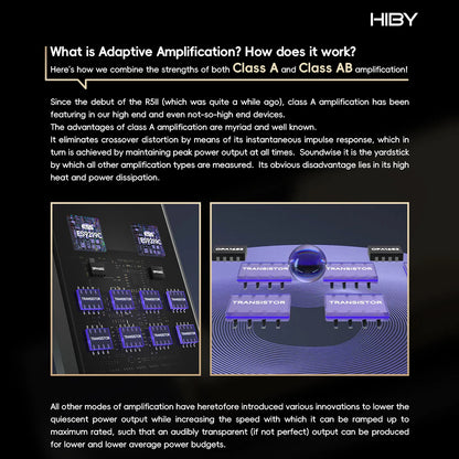 HiBy RS8II adaptive amplification combining Class A and AB for dynamic, transparent sound performance.