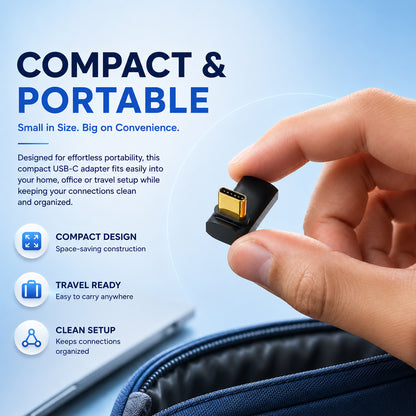Close-up of a person's hand plugging a USB C adapter into a laptop, illustrating quick setup, space-saving design, and seamless data transfer.