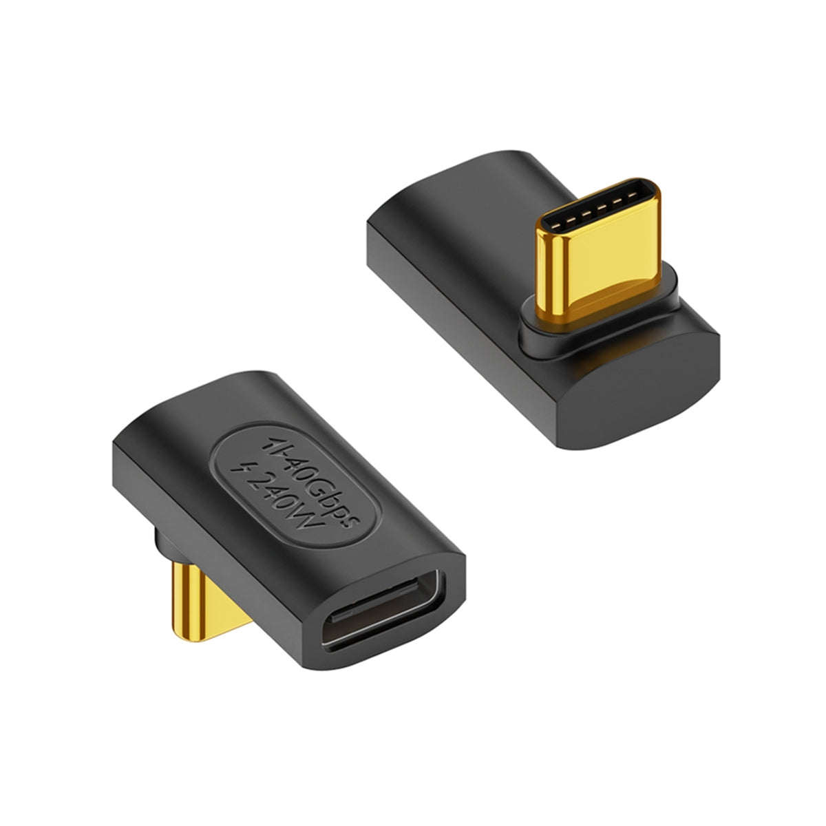 Close-up of a black USB C to USB c adapter with gold-plated connector, compact design, used for data transfer and charging, SKU: TP-CA223-STRGT-Adptr-Blk-CM-CF