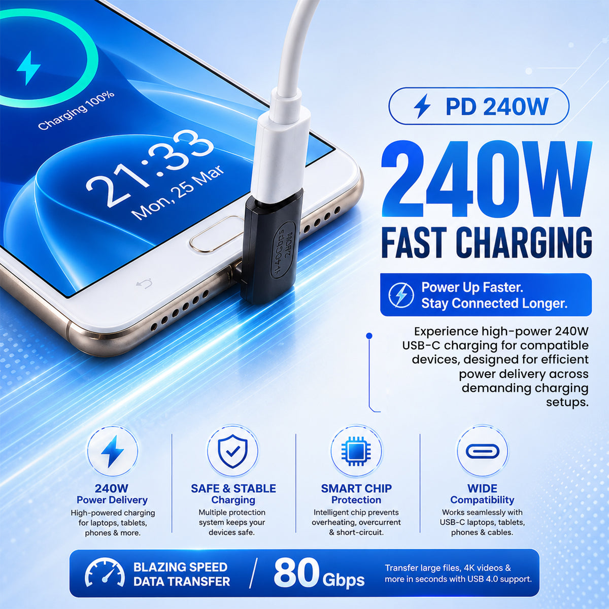 White USB-C to USB-C adapter with black accents and 240W power support, designed for fast charging and multimedia connectivity.