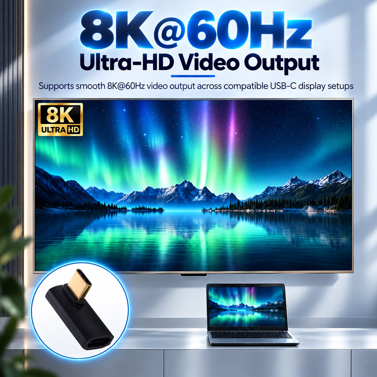 Black USB-C to HDMI adapter supporting 8K@60Hz video output, compact design, ideal for connecting laptops or tablets to displays