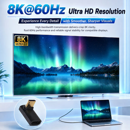 Large 8K@60Hz ultra HD resolution display showcasing vibrant visuals, emphasizing high-quality video output with a USB C adapter for multimedia devices.