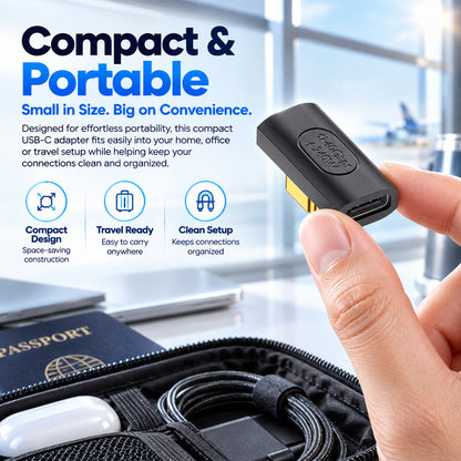 Black USB-C adapter with gold connector, compact and portable, compatible with various USB-C devices for seamless connectivity