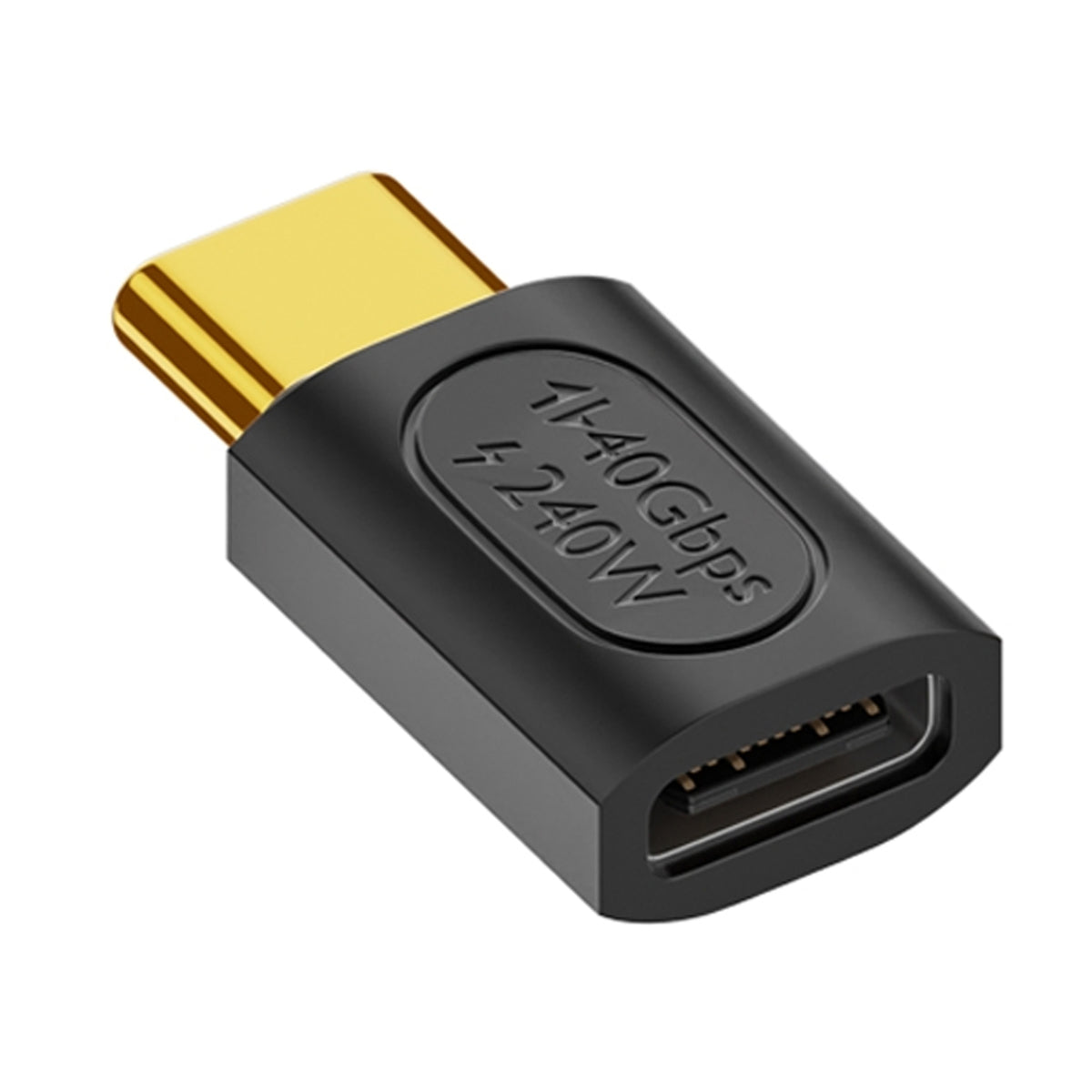 Black USB-C to USB-C adapter with gold-plated connector, featuring 240W power capacity for fast charging and seamless data transfer.