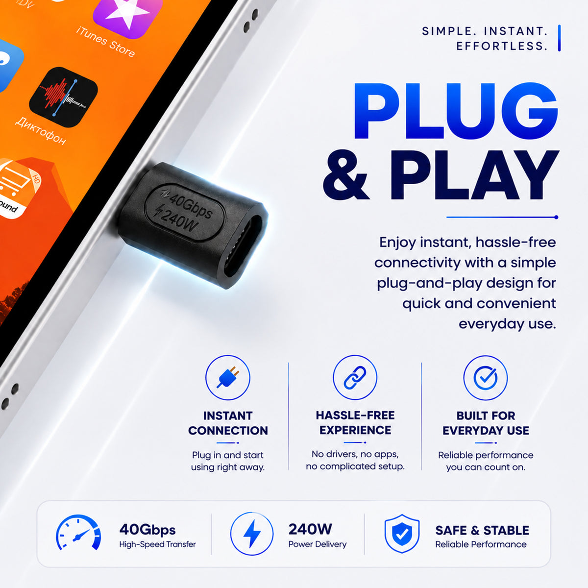USB C adapter with gold-plated connector, emphasizing wide compatibility with laptops, tablets, and smartphones