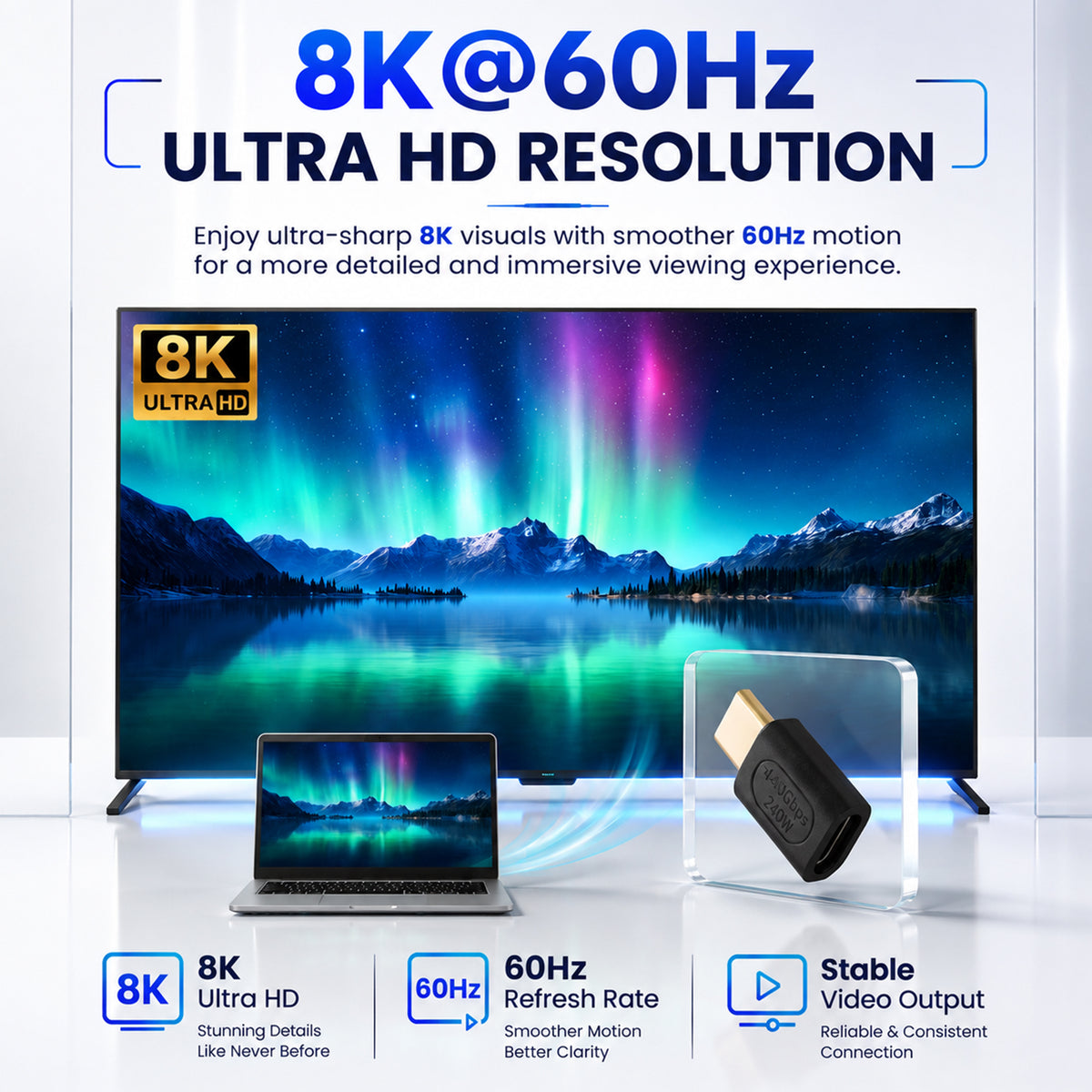  USB C adapter with 8K@60Hz ultra HD resolution, 240W power delivery, and compatibility with various devices