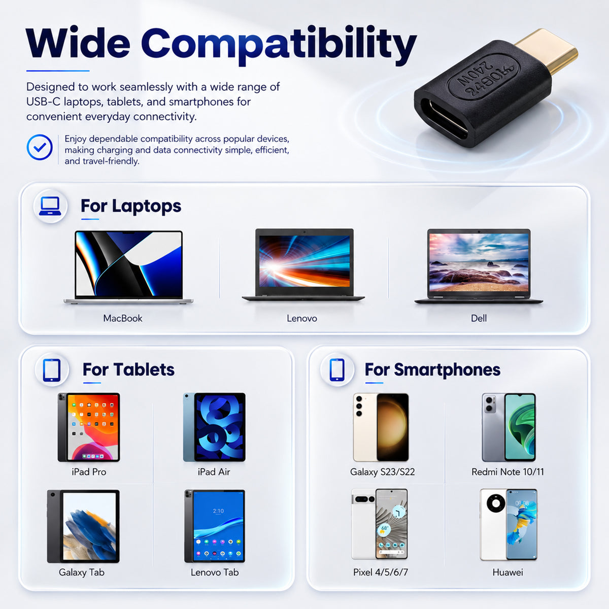 Display of multiple electronic devices including MacBook, Lenovo, and Dell laptops, demonstrating USB C adapter compatibility