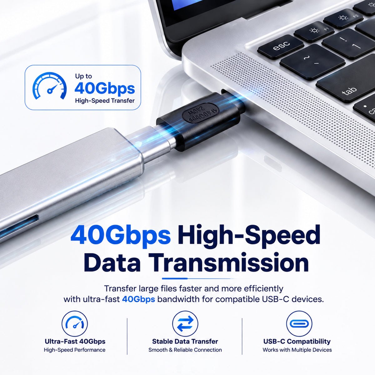  laptop with a black USB C adapter connected, highlighting high-speed data transfer up to 40Gbps, with text overlay